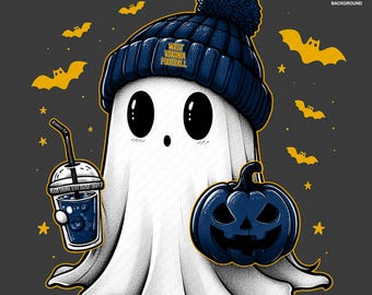 Cute Ghost Football West Virginia | Fall PNG | Halloween College Football Fan Ghost with Pumpkin | Digital Download for Sublimation & Crafts