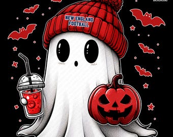 Cute Ghost Football New England | Fall PNG | Halloween NFL Football Fan Ghost with Pumpkin | Digital Download for Sublimation & Crafts
