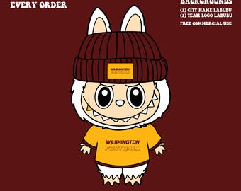 Cute Labubu Football Washington | Game Day Team Spirit PNG | NFL Football Fan Labubu with Beanie | Digital Download for Sublimation & Crafts