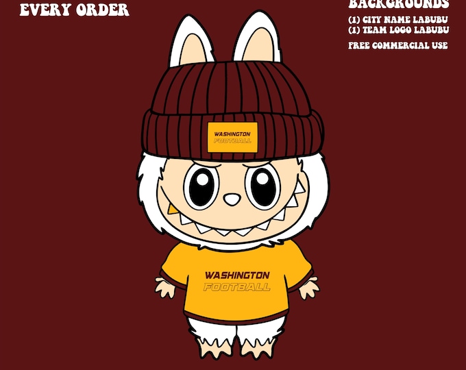 Featured listing image: Cute Labubu Football Washington | Game Day Team Spirit PNG | NFL Football Fan Labubu with Beanie | Digital Download for Sublimation & Crafts