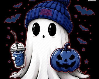Cute Ghost Football Buffalo | Fall PNG | Halloween NFL Football Fan Ghost with Pumpkin | Digital Download for Sublimation & Crafts