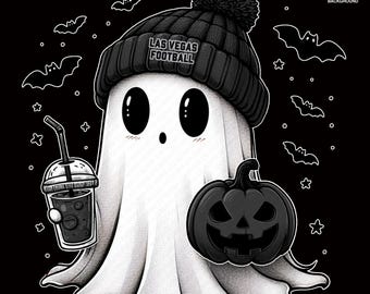 Cute Ghost Football Las Vegas | Fall PNG | Halloween NFL Football Fan Ghost with Pumpkin | Digital Download for Sublimation & Crafts