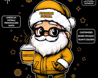 Cute Santa Football Pittsburgh | Winter PNG | Christmas NFL Football Fan Santa with Latte | Digital Download for Sublimation & Crafts