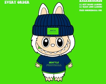 Cute Labubu Football Seattle | Game Day Team Spirit PNG | NFL Football Fan Labubu with Beanie | Digital Download for Sublimation & Crafts