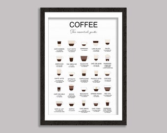 Poster Guide du café, Guide essentiel, Art mural café, Cadeaux café, Amateur de café, Art de cuisine, Poster cuisine, Poster sans cadre, Guide du café