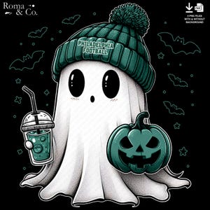 Fantasma fofo de futebol americano da Filadélfia | PNG de outono | Fantasma de fã de futebol americano da NFL com abóbora no Halloween | Download digital para sublimação e artesanato