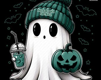 Cute Ghost Football Philadelphia | Fall PNG | Halloween NFL Football Fan Ghost with Pumpkin | Digital Download for Sublimation & Crafts