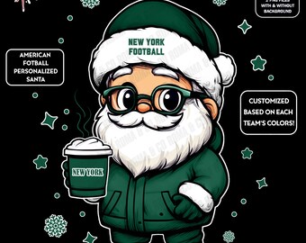 Cute Santa Football New York | Winter PNG | Christmas NFL Football Fan Santa with Latte | Digital Download for Sublimation & Crafts