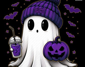 Cute Ghost Football Baltimore | Fall PNG | Halloween NFL Football Fan Ghost with Pumpkin | Digital Download for Sublimation & Crafts