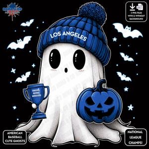 May include: A cute cartoon ghost wearing a blue Los Angeles baseball cap and holding a blue pumpkin and a trophy. The ghost is surrounded by bats and stars on a black background.