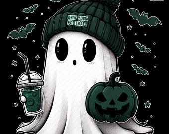 Cute Ghost Football New York | Fall PNG | Halloween NFL Football Fan Ghost with Pumpkin | Digital Download for Sublimation & Crafts
