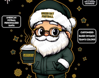 Cute Santa Football Green Bay | Winter PNG | Christmas NFL Football Fan Santa with Latte | Digital Download for Sublimation & Crafts