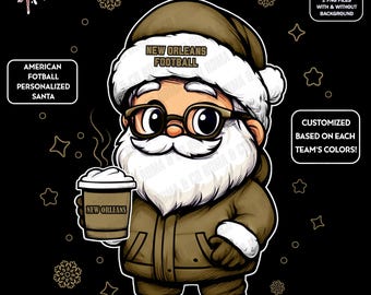 Cute Santa Football New Orleans | Winter PNG | Christmas NFL Football Fan Santa with Latte | Digital Download for Sublimation & Crafts