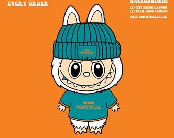 Cute Labubu Football Miami | Game Day Team Spirit PNG | NFL Football Fan Labubu with Beanie | Digital Download for Sublimation & Crafts