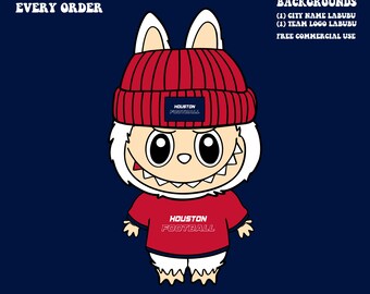 Cute Labubu Football Houston | Game Day Team Spirit PNG | NFL Football Fan Labubu with Beanie | Digital Download for Sublimation & Crafts