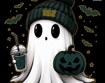 Cute Ghost Football Green Bay | Fall PNG | Halloween NFL Football Fan Ghost with Pumpkin | Digital Download for Sublimation & Crafts