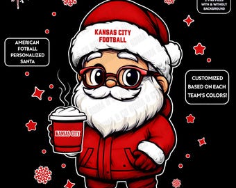 Cute Santa Football Kansas City | Winter PNG | Christmas NFL Football Fan Santa with Latte | Digital Download for Sublimation & Crafts