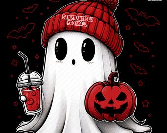 Cute Ghost Football San Francisco | Fall PNG | Halloween NFL Football Fan Ghost with Pumpkin | Digital Download for Sublimation & Crafts