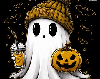 Cute Ghost Football Pittsburgh | Fall PNG | Halloween NFL Football Fan Ghost with Pumpkin | Digital Download for Sublimation & Crafts