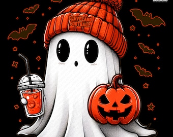 Cute Ghost Football Cleveland | Fall PNG | Halloween NFL Football Fan Ghost with Pumpkin | Digital Download for Sublimation & Crafts