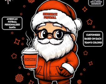 Cute Santa Football Cincinnati | Winter PNG | Christmas NFL Football Fan Santa with Latte | Digital Download for Sublimation & Crafts