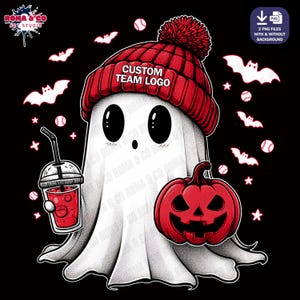 May include: A white ghost wearing a red beanie with a pom-pom and the text "CUSTOM TEAM LOGO" is holding a pumpkin and a red drink with a straw. The ghost is surrounded by bats and stars on a black background.