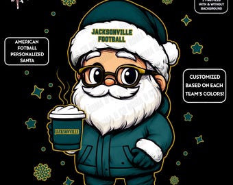 Cute Santa Football Jacksonville | Winter PNG | Christmas NFL Football Fan Santa with Latte | Digital Download for Sublimation & Crafts