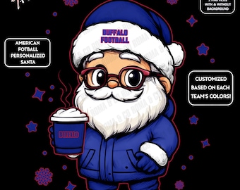 Cute Santa Football Buffalo | Winter PNG | Christmas NFL Football Fan Santa with Latte | Digital Download for Sublimation & Crafts