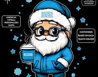 Cute Santa Football Carolina | Winter PNG | Christmas NFL Football Fan Santa with Latte | Digital Download for Sublimation & Crafts