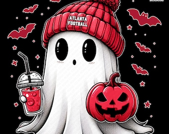 Cute Ghost Football Atlanta | Fall PNG | Halloween NFL Football Fan Ghost with Pumpkin | Digital Download for Sublimation & Crafts