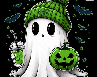 Cute Ghost Football Seattle | Fall PNG | Halloween NFL Football Fan Ghost with Pumpkin | Digital Download for Sublimation & Crafts