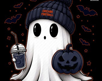 Cute Ghost Football Chicago | Fall PNG | Halloween NFL Football Fan Ghost with Pumpkin | Digital Download for Sublimation & Crafts