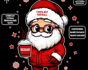 Cute Santa Football Tampa Bay | Winter PNG | Christmas NFL Football Fan Santa with Latte | Digital Download for Sublimation & Crafts