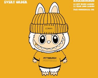 Cute Labubu Football Pittsburgh | Game Day Team Spirit PNG | NFL Football Fan Labubu with Beanie | Digital Download for Sublimation & Crafts