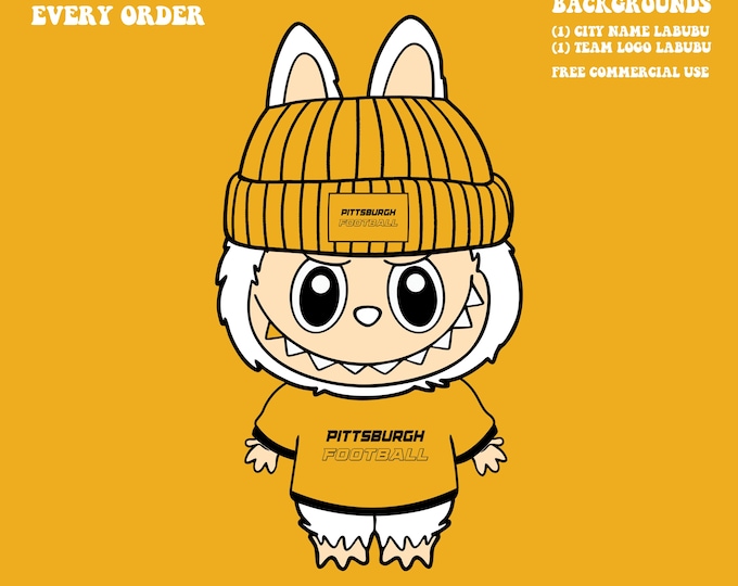 Featured listing image: Cute Labubu Football Pittsburgh | Game Day Team Spirit PNG | NFL Football Fan Labubu with Beanie | Digital Download for Sublimation & Crafts