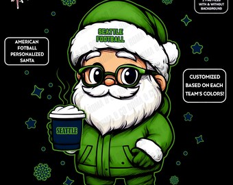 Cute Santa Football Seattle | Winter PNG | Christmas NFL Football Fan Santa with Latte | Digital Download for Sublimation & Crafts