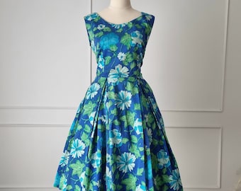 1950's Blue Floral Cotton Sundress Size 10Au