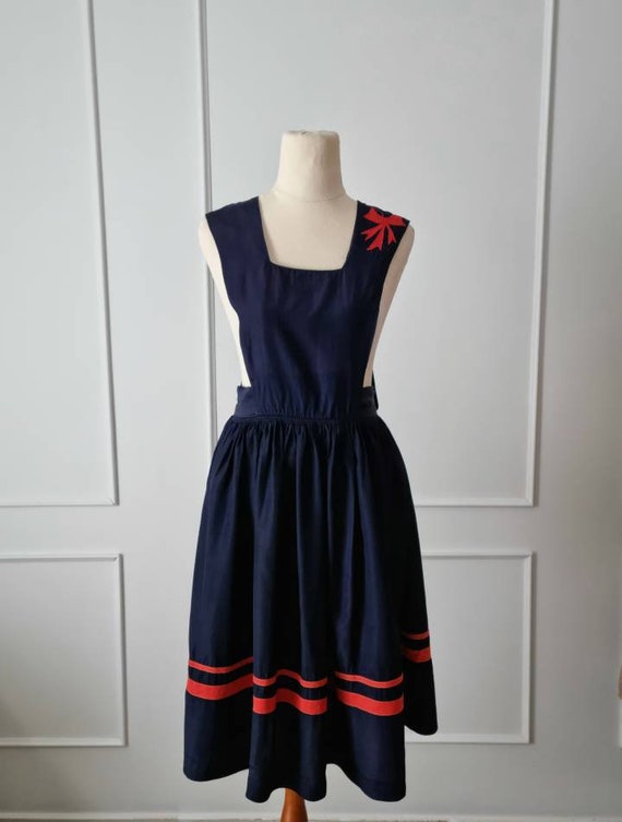 1940s Girls Navy Striped Applique Pinafore - image 8