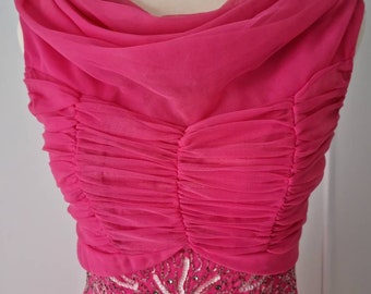 Vintage 1950s Fushia Chiffon Beaded Dress, Size 8