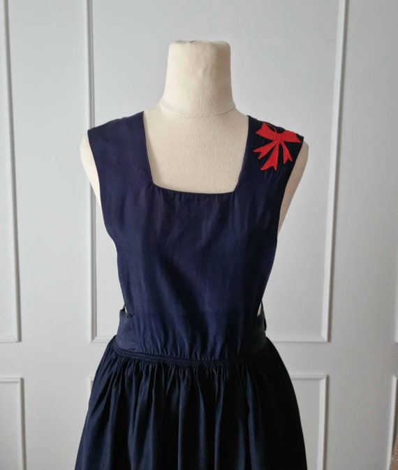 1940s Girls Navy Striped Applique Pinafore - image 1