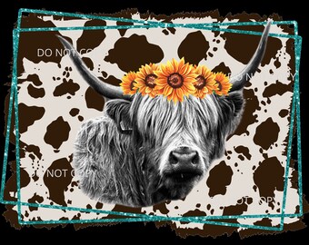 Diseño de camiseta con estampado de vaca de las tierras altas, corona de girasol, vaca occidental, sublimación, tobogán de agua, PNG, diseño de camiseta digital