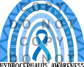 Diseño de camiseta digital con sublimación de arcoíris azul con lazo azul para concienciar sobre el síndrome de hidrocefalia.