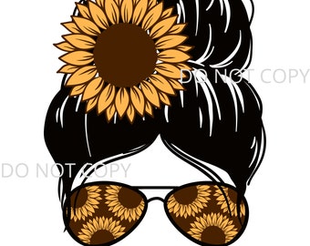 Hello Fall Saying Hair in Bun with Sunflower Sunglasses Design Shirt Sublimation PNG Waterslide Digital Shirt Design