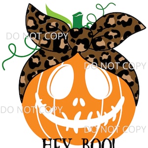 May include: An orange pumpkin with a black and brown leopard print bandana tied around the stem. The pumpkin has a white smiling face with two small eyes. The text "HEY BOO!" is written below the pumpkin.