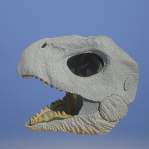 May include: A white plastic dinosaur skull with an open jaw, revealing yellow teeth. The skull is detailed with textured bone markings.