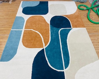Hand-Tufted Wool Geometric Area Rug, Modern Abstract Blue Beige Carpet
