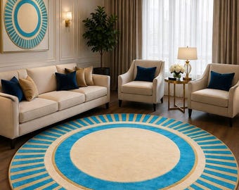 Hand Tufted Round Wool Rug, Blue Sunburst Area Rug, Modern Round Rug, Luxury Handmade Carpet, Custom Circular Living Room Rug