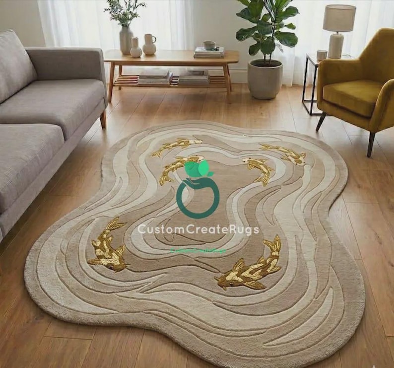 Puddle Rug Shape Hand Tufted Rug Koi Fish Pond Area Rug 3D Carved Wavy Puddle Rug Wool ...