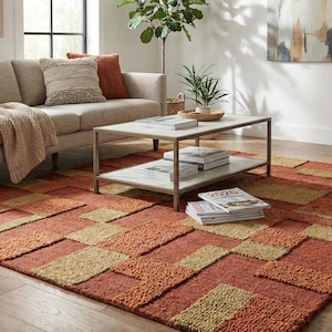 Terracotta Grid Rug, Raised Block Carpet, Retro Mosaic Floor Accent, Earth Tone Geometric Decor, Custom Size