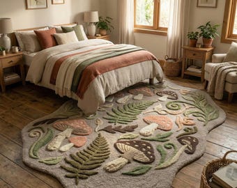 Hand Tufted Wool Rug, Whimsical Mushroom Forestcore Botanical Cottage Decor